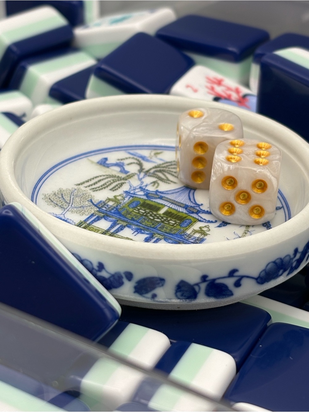 Mahjong Tiles Chinoiserie Ceramic Dice trinket ring Dish Blue Green Pagoda